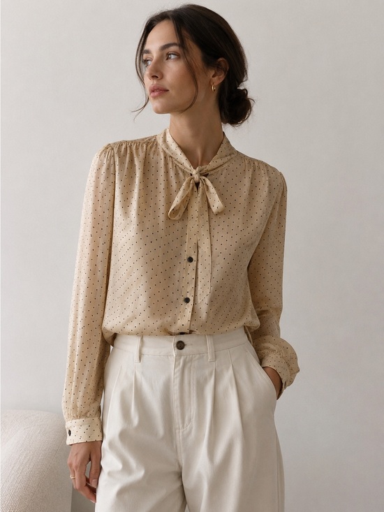 Vintage Tops - Vintage BERN Conrad 100% Silk Polka Dot Blouse Semi Sheer Tie Neck Sz 8